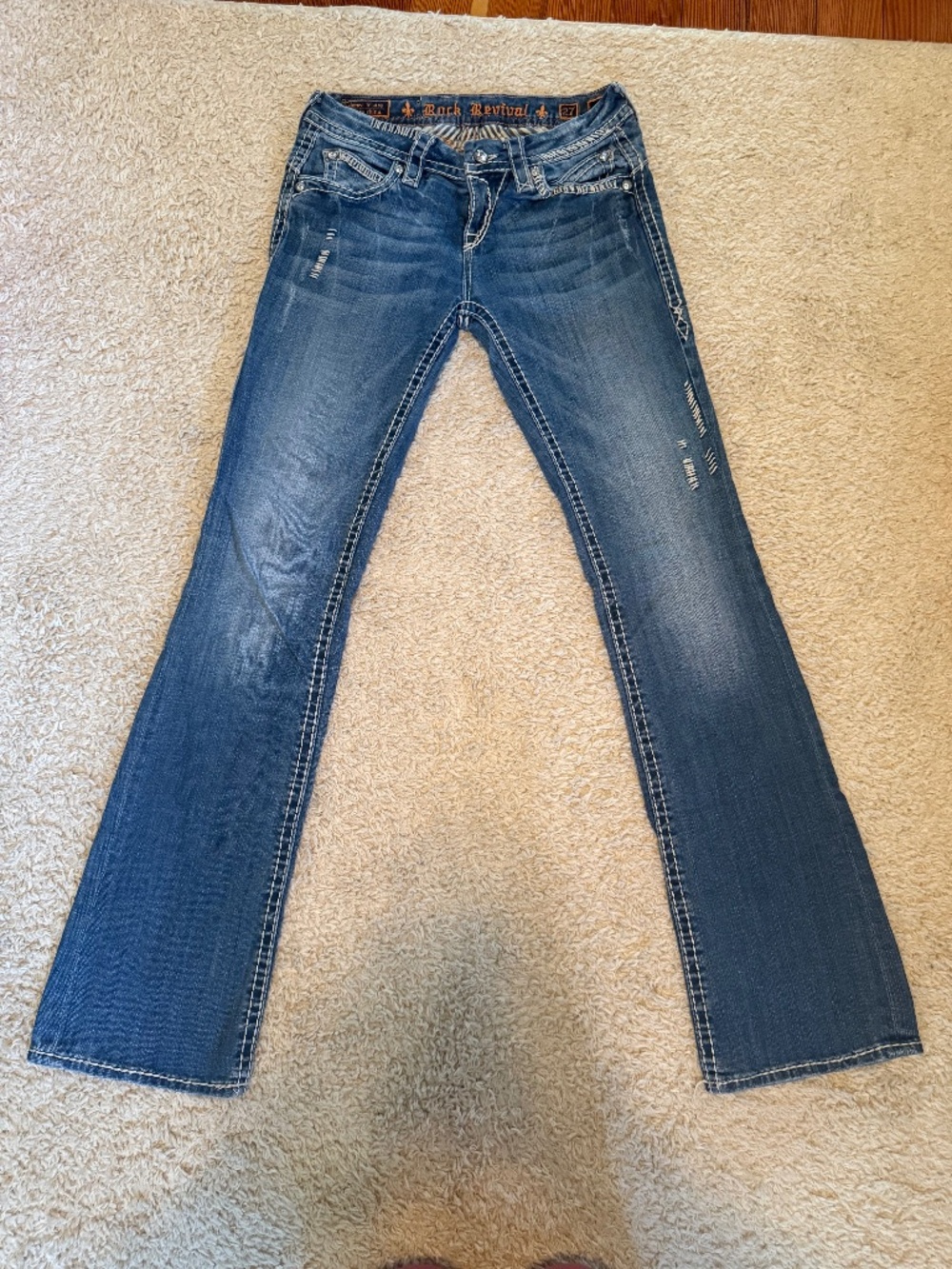 Rock Revival Bootcut Jeans Women’s Size 27 Medium Wash Distressed Rhinestone